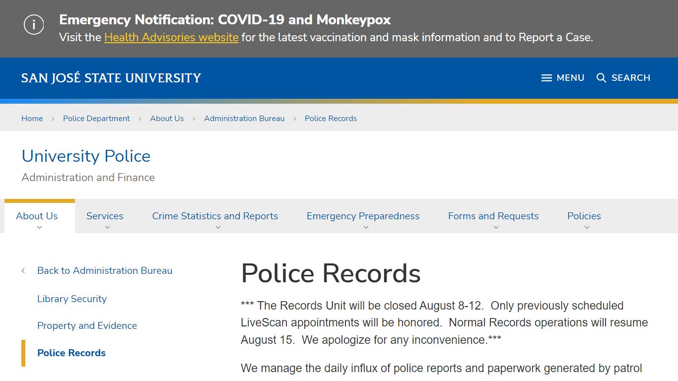 Police Records | University Police - San Jose State University